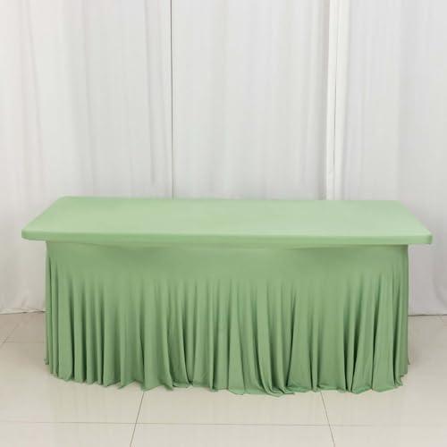 Efavormart Sage Green Wavy Spandex Fitted Rectangle 1-Piece Tablecloth Table Skirt, Stretchy Table Skirt Cover with Ruffles 6ft