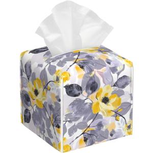 Tissue Box Cover Yellow Flower Grey Leaves Square PU Leather Tissue Box Holder for Car Bathroom Bedroom Desk Tabletop Decor