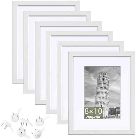 HappyHapi 8x10 Picture Frame Set of 6, 8x10 White Picture Frame Display Pictures 5x7 with Mat or 8x10 Without Mat. Wall Hanging Photo Frame or Tabletop Display Gallery Frame (White)