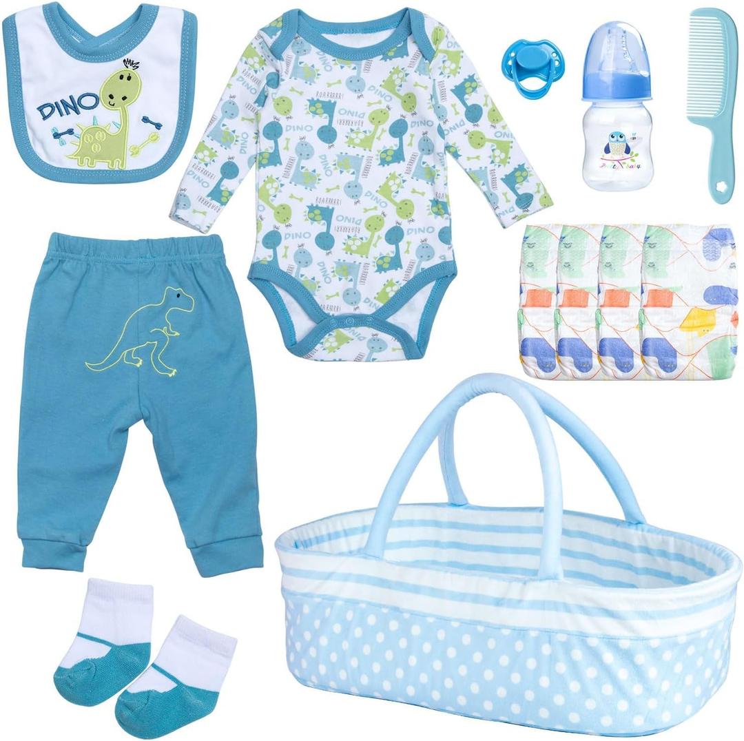 Reborn Baby Doll Clothes 12 Pcs Dinosaur Outfits Accessories for 17-22 Inch Babydolls Reborn Baby Boy Accessories Doll Bassinet Soft Crib Bed with Diaper Bottle Pacifier