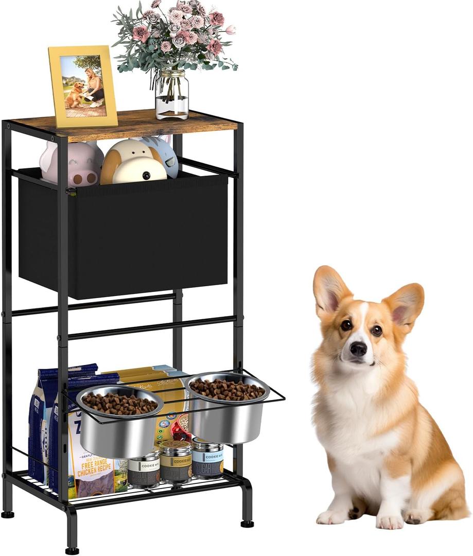 Elevated Dog Bowls, Raised Bowl Stand with Toy Bin Basket, Dog Food Feeding Station, 2 Stainles Container Heights Adjustable Shelve, Holder Cabinet Pet Storage Organizer for Medium Small DogCat, Brown