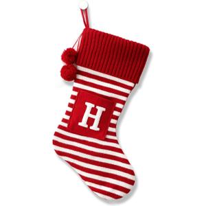 20 Inches Initial Monogram Embroidered Christmas Stocking Striped knitted Christmas Decorations Stocking Red,White, Green Letter Stockings for Family Holiday and Xmas Tree Fireplace Decor-50-H-Red
