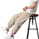 PRIJOUHE Mens Harem Pants Casual Lightweight Loose Fit Capri Pants Linen Beach Pants with Elastic Waistband (X-Large, 02-khaki)