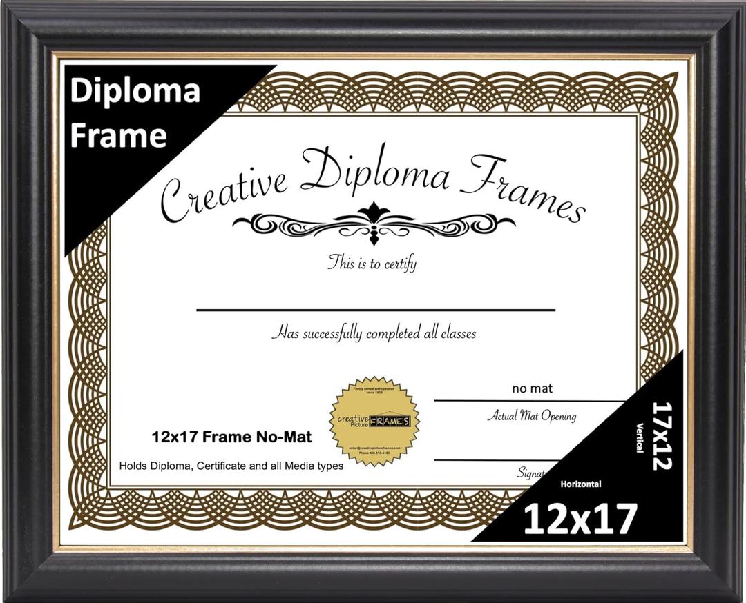 Creative Picture Frames 12x17 Diploma Frame Exact - No Mat, Rockefeller Black Frame With Gold Rim, Display Photo or Art with intalled wall hanger