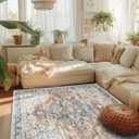 Freyja 5x7 Area Rugs for Living Room, Vintage Distressed Soft Washable Rugs for Bedroom Dining Room Kitchen, Foldable Thin Non Slip Floral Print Mat Home Decor Aesthetic (Orange Blue)