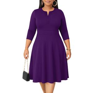 Runwind Plus Size Midi Dress for Women Casual Cocktail Church 3/4 Sleeve V Neck Work A-Line Dresses with Pockets (5X, Purple)