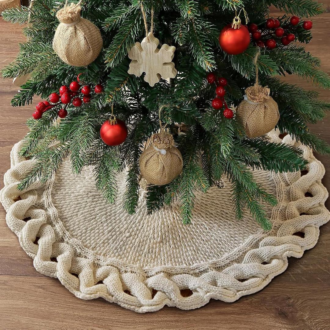 yuboo 24 Inches Boho Knit Tree Skirt, Mini Cream White Braided Cable Knit Christmas Tree Skirt - Rustic Farmhouse Boho Christmas Decor