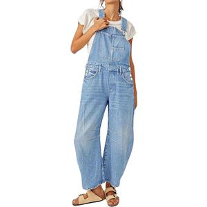 Yoeasy Womens Denim Bib Overalls Barrel Wide Leg Baggy Adjustable Strap Denim Pants Jumpsuits with Pockets (Large, Light Blue