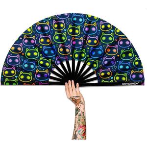 UV Glow Rave Fan, Bamboo Folding Clack Hand Fan for Men Women (Cute Cat, Large 13")