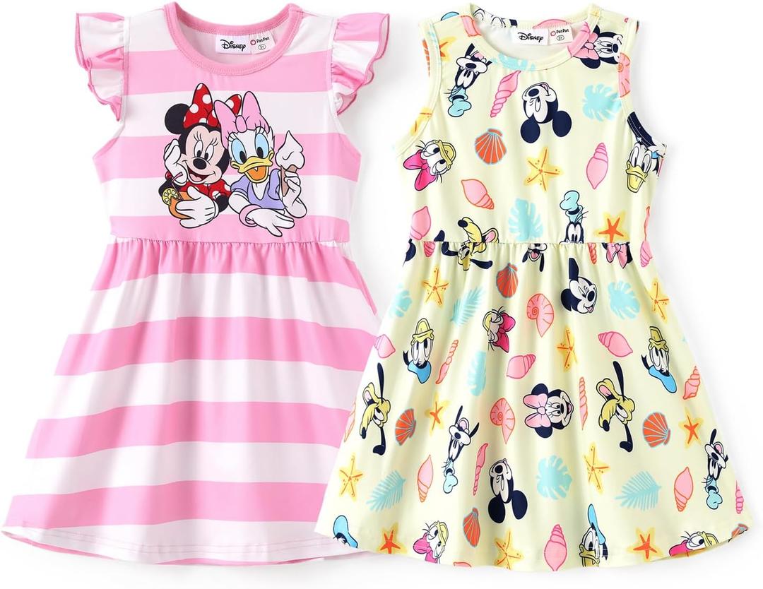 Disney Frozen Elsa Princess Minnie Mouse Stitch Toddler Girl Dresses 2 Pack Short Ruffle Sleeve Costume Set Outfit 2-13 Years (Pink, S)