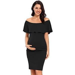 Jezero Women's Maternity Dress Off Shoulder Ruffle Sleeveless Bodycon Dress for Baby Shower L