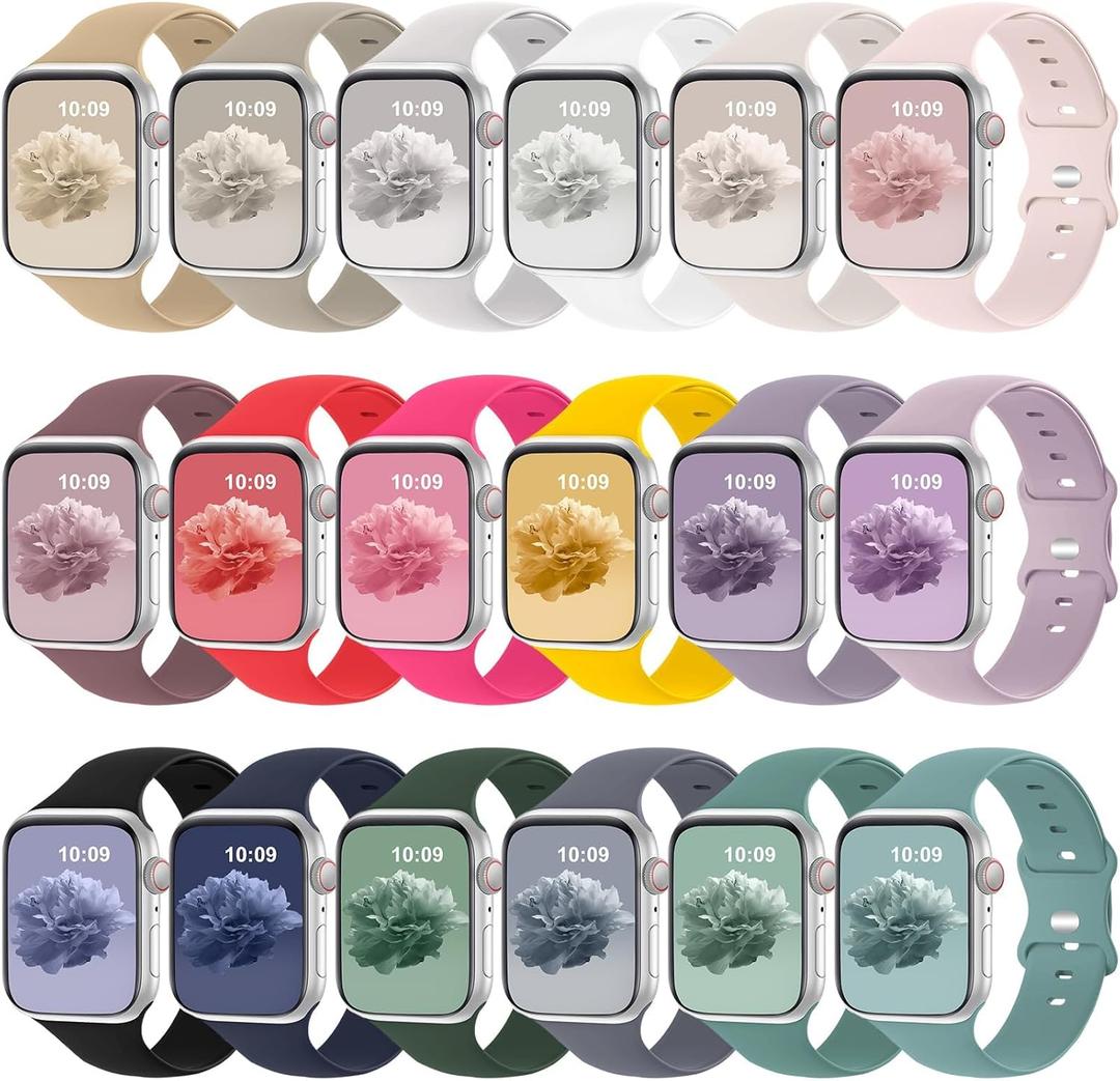 18 Pack Bands Compatible with Apple Watch Band 38mm 40mm 41mm 42mm 44mm 45mm 46mm for Women Men, Breathable Soft Silicone Band Replacement Sport Straps for iWatch Series 10 9 8 7 6 5 4 3 2 1 SE