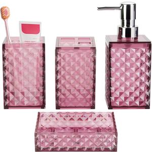 Bathroom Accessory Set, Grid Pattern 4 Pcs Plastic Bathroom Set Include Soap Dispenser, Soap Dish, Toothbrush Holder, Mousewash Cup, Modern Bahtroom Dcor Set(Burgundy)