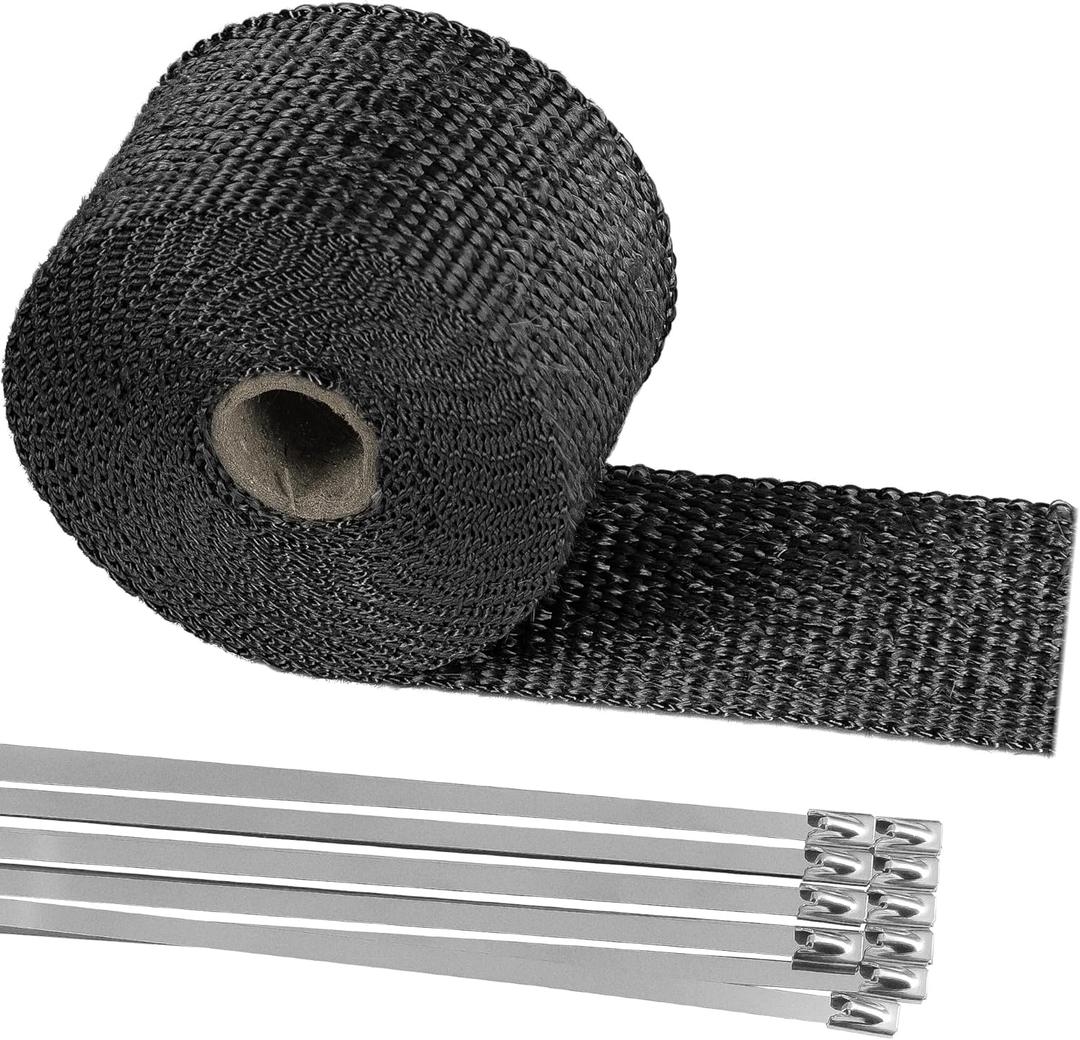 Deecam Exhaust Heat Wrap, 2'' x 16.5' Black Fiberglass Heat Resistant Exhaust Wrap Roll for Motorcycle, Car Exhaust Pipe Heat Insulation Muffler Tape with 10 Stainless Locking Ties