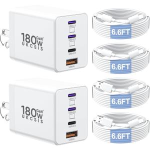 2 Pack 180W USB C Charger Block, Foldable 4-Port GaN Fast Type C Charging Block, Dual 65W Laptop Super Fast Charger USB C, Adapter for MacBook Pro/Air, iPad Pro, iPhone 17/16/15Pro, S25/S24 and More (White)