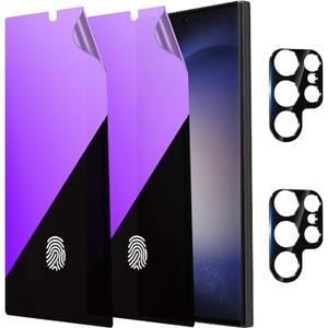 2 Pack Anti-Blue Privacy Screen Protector for Samsung Galaxy S23 Ultra Anti-Spy Soft Film Support Finger Unlock 6.8 inch + 2 Pack Camera Lens Glass Protector