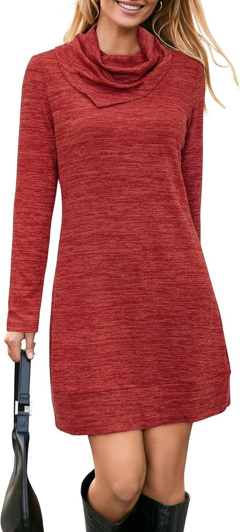 STYLEWORD Women's 2026 Winter Dress Tunic Tops for Leggings Long Sleeve Sweater Cowl Neck Fashion Shirt Dress (Red, XL)