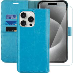 MONASAY Wallet Case Compatible for iPhone 15 Pro 5G, [Glass Screen Protector Included] [RFID Blocking] Flip Folio Leather Cell Phone Cover with Credit Card Holder, 6.1-inch, Light Blue