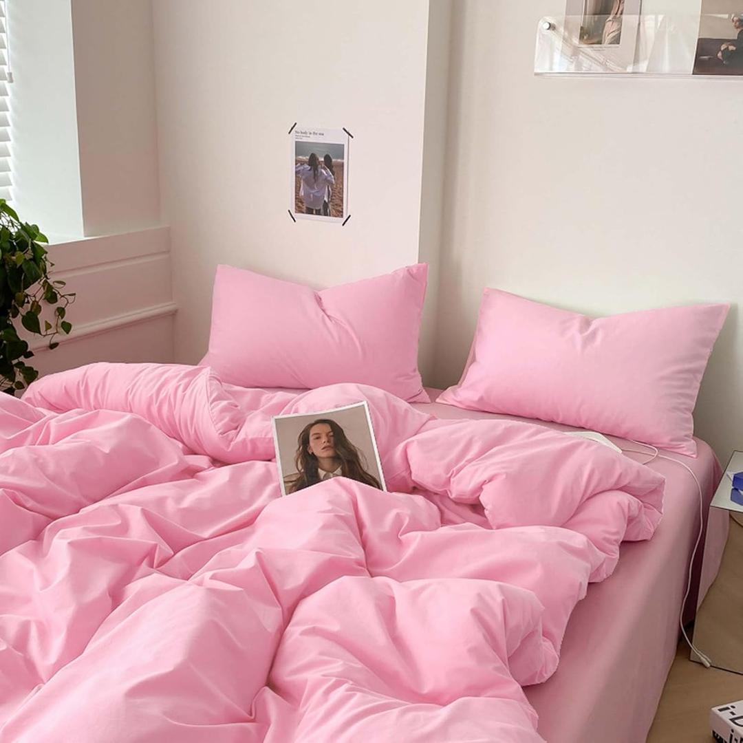 Nanko Pink Full Size Duvet Cover Set, Luxury Lightweight Microfiber Bedding Sets with Zip Ties - Modern Bed Sets for Women Men Chambray Teen 3pc 80 x 90 inch, Light Pink Coral