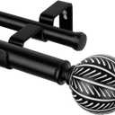 KAMANINA 1 Inch Wood Double Curtain Rods for Windows 66 to 120 Inches (5.5-10 Feet), Heavy Duty Decorative Curtain Rods, Wooden Drapery Rods with Leaf Pattern Finials, Black