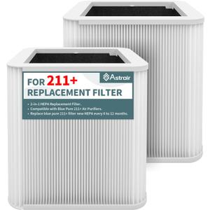 2 Pack 211+ Replacement Filter Compatible with Blue Pure 211+ Air Cleaner Purifier, 2 Stage Filtration System of Activated Carbon Filter and H13 True HEPA Filter