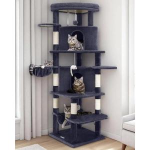 Globlazer Corner Cat Tree for Large Cats, 66inch Tall Curved Series Large Cat Tower for Multiple Indoor Cats with 6 Scratching Posts, 2 Spacious Cat Condos, Hammock, Hanging Basket, C66, Dark Grey
