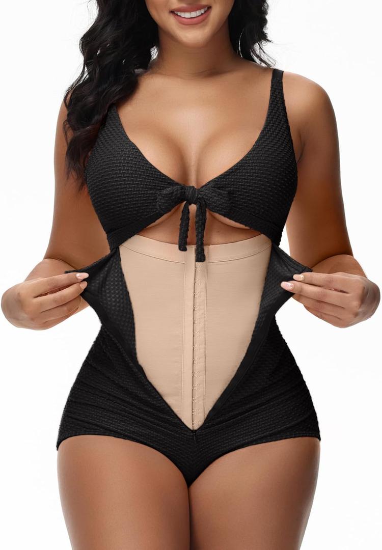 SHAPSHE Women's Tummy Control Swimsuit One Piece Slimming Bathing Suit Cutout Tie Knot Front Bikini Push Up Swimwear (Black, S)