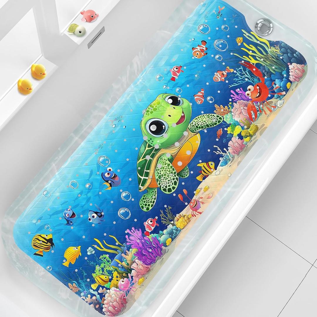 XIYUNTE Baby Bath Mat for Tub Non Slip, 40''x16'' Extra Long Bathtub Mat Non Slip Kids Bath Mat, Safety Kids Bath Tub Mat with Suction Cups and Drain Holes, Machine Washable, Turtle