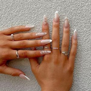 Almond Press on Nails Medium - White French Tip Fake Nails with Gold Circle Design - Glossy Elegant Full Cover Stick on Press ons - for Women 24 Pcs