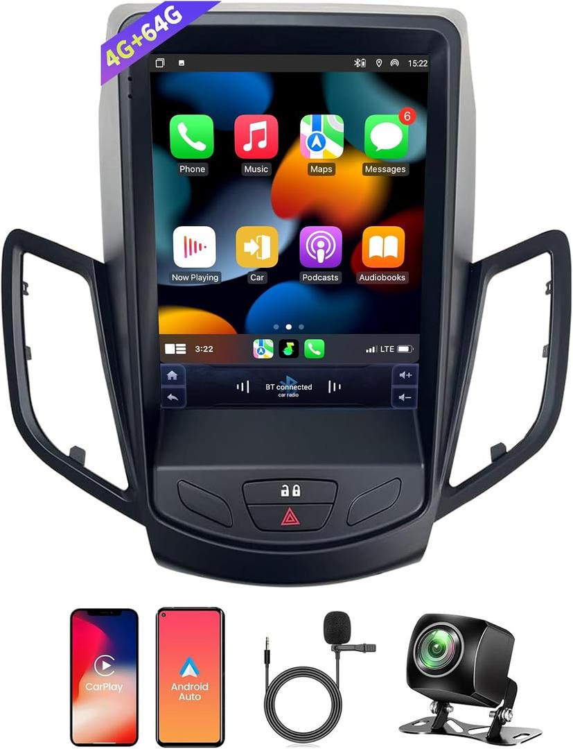 Car Radio for Ford Fiesta 2008-2019 Stereo Upgrade Support Carplay & Android Auto 4+64G 9.7'' Touch Screen Head Unit with Bluetooth 4G WiFi DSP GPS Navigation Mirror Link Backup Camera FM/AM/RDS