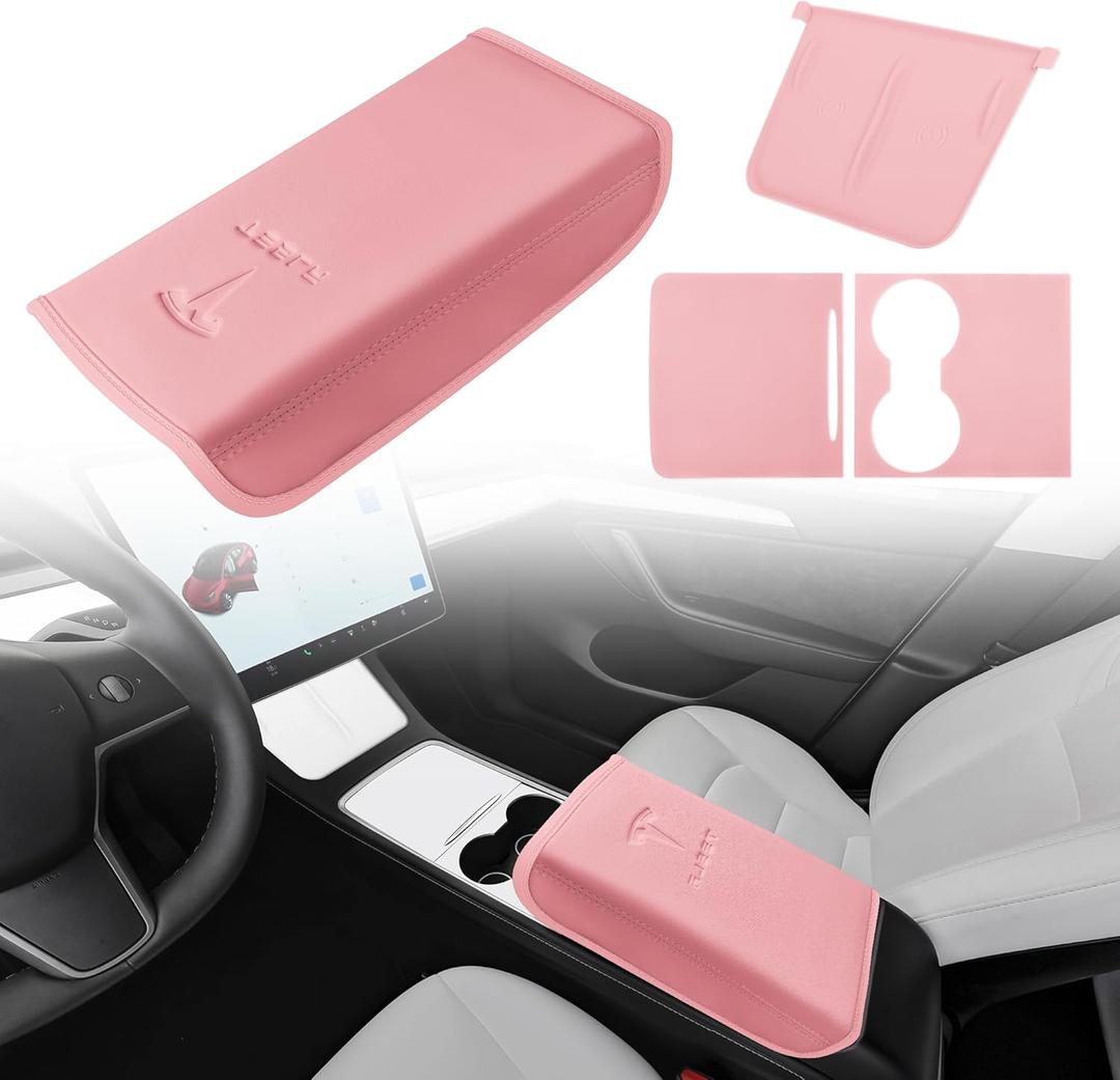 Tinlucys Center Console Cover,Interior Accessories Designed for Tesla Model 3 Model Y,Leather Armrest Cover,Center Console Wrap Cover,Waterproof Wireless Charger Silicone Mat.(Pink 3Pcs) (Light Pink 3pcs combination)