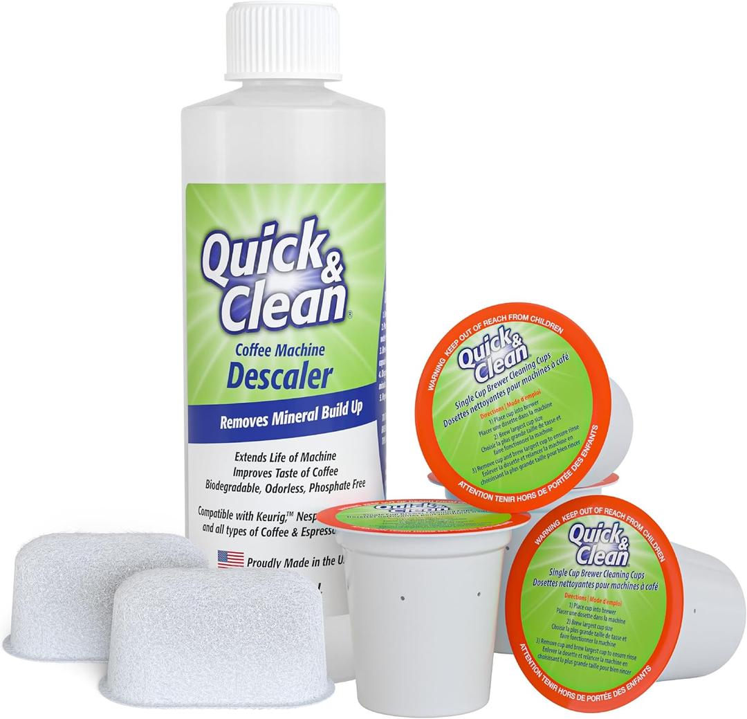 Quick & Clean 4-Pack of Cleaning Cups + 2 Filters with Descaler Bundle (2 Total Uses) - 2.0 Compatible, Descaling Solution for Keurig, Nespresso, Ninja, Delonghi, All Coffee and Espresso Machines