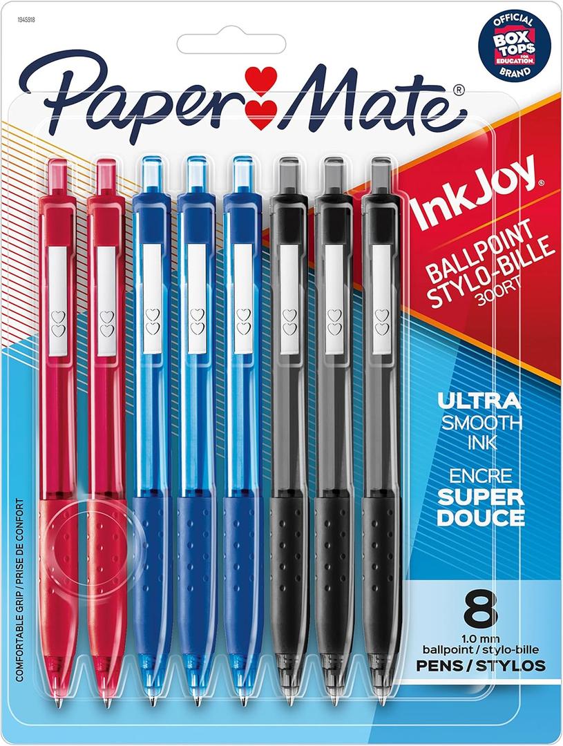 Paper Mate InkJoy 300RT Retractable Ballpoint Pens, Medium Point, Black/Red/Blue Ink, 8 Pack (1945918)