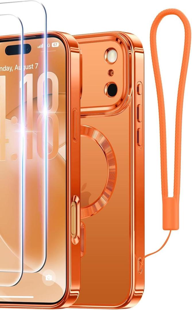 Meifigno Designed for iPhone 17 Pro Case 6.3", [Glitter Card & Wrist Strap] [Compatible with MagSafe] [2X HD Screen Protectors] Surround Raised Lens Protection for 17 Pro Case for Women, Cosmic Orange