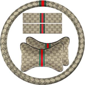 Steering Wheel Cover for Women with 2 Car Headrest Pillow and 2 Seat Belt Cushions Shoulder Pads Universal fit 14 1/2"-15" Steering Wheel Beige