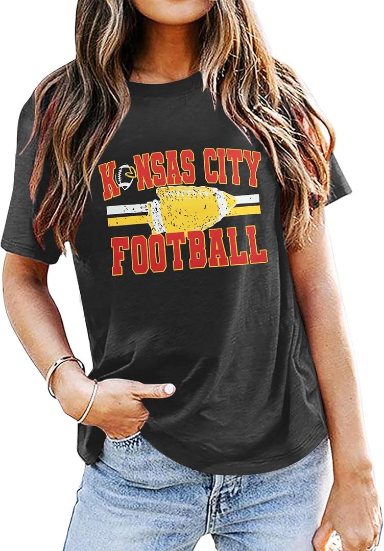 Football Shirt for Women Game Day T-Shirt Sunday Funday Shirt Funny Football Season Short Sleeve Tops (Black, XL)