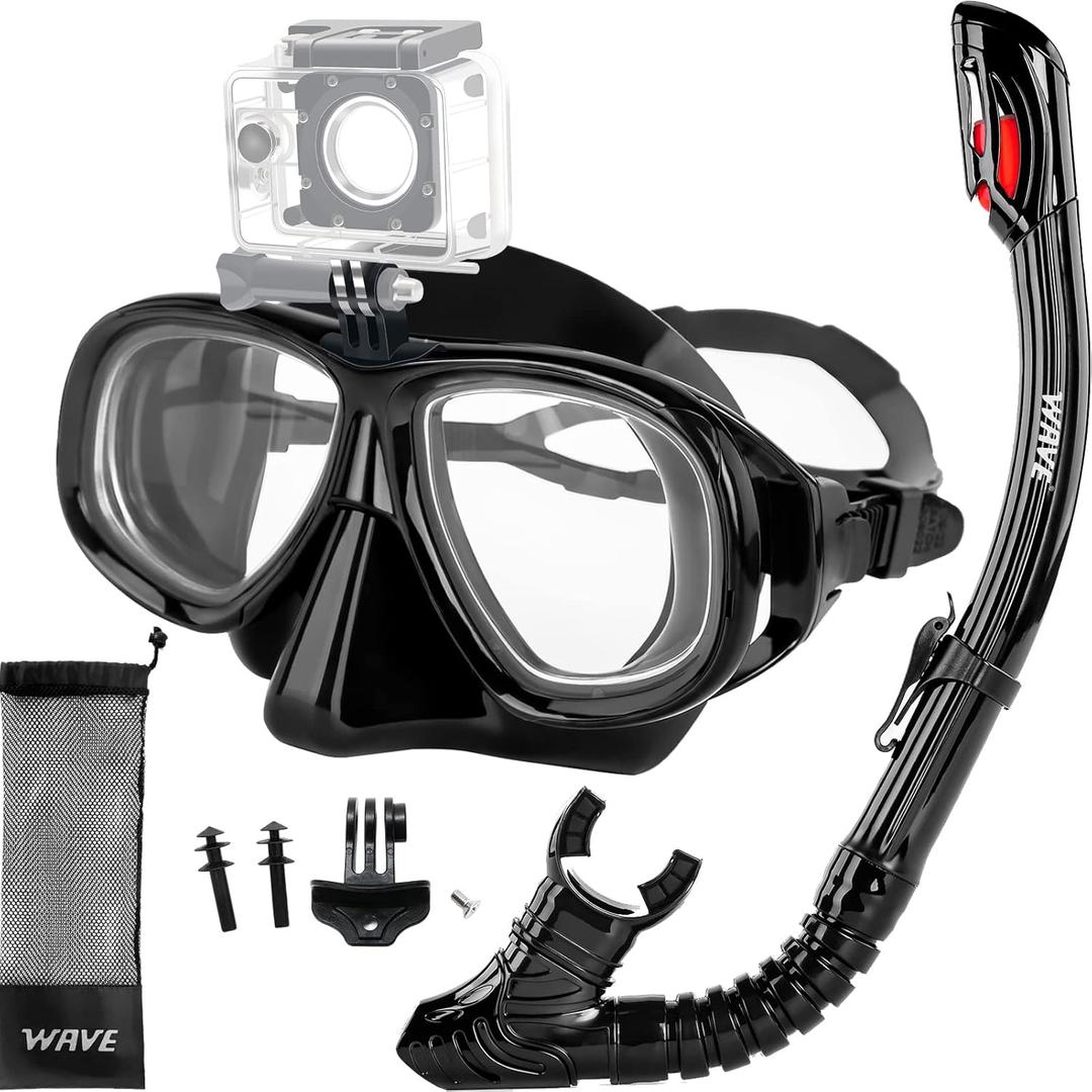 Nearsighted Snorkel Gear, Nearsighted Dry Snorkel Set for Adult Youth, Shortsighted Anti Fog Diving Mask & Dry Top Snorkel with Detachable Camera Mount for Scuba Diving, Snorkeling, Freediving (-1.5)