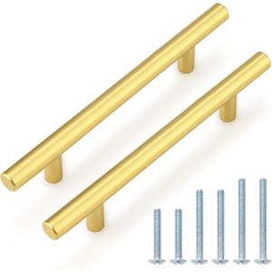 Probrico 10 Pack 5 Inch Center-to-Center Kitchen Cabinet Pulls T Bar Gold Cabinet Handles Modern Drawer Hardware Dresser Pulls, 7-1/2 inch Total Length