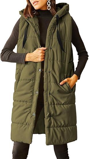 Grlasen Women's Long Quilted Puffer Vest Sleeveless Hooded Button Down Padded Coats Jacket Outerwear with Pockets (XL, Army Green)
