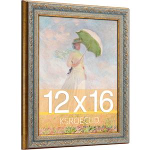 12x16 Picture Frame, HD Real Glass 12x16 Ornate Vintage Photo Frame, 12 by 16 Oil Painting Poster Frame with Gold Blue Border and Distressed Rust-Like Finish, Horizontal & Vertical Display for Tabletop or Wall Decor (1 Pack