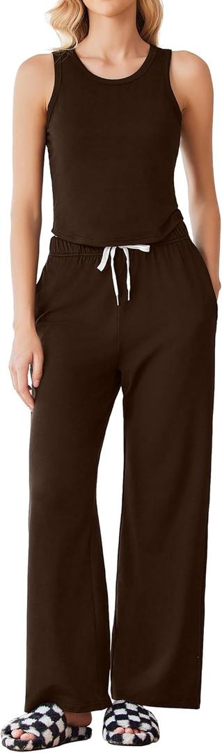Women's 2 Piece Outfits Lounge Sets Sleeveless Crewneck Tank Tops and Wide Leg Pants Going Out Athletic Sets (Coffe), M Women's 2 Piece Outfits Lounge Sets Sleeveless Crewneck Tank Tops and Wide Leg Pants Going Out Athletic Sets (Coffe), M