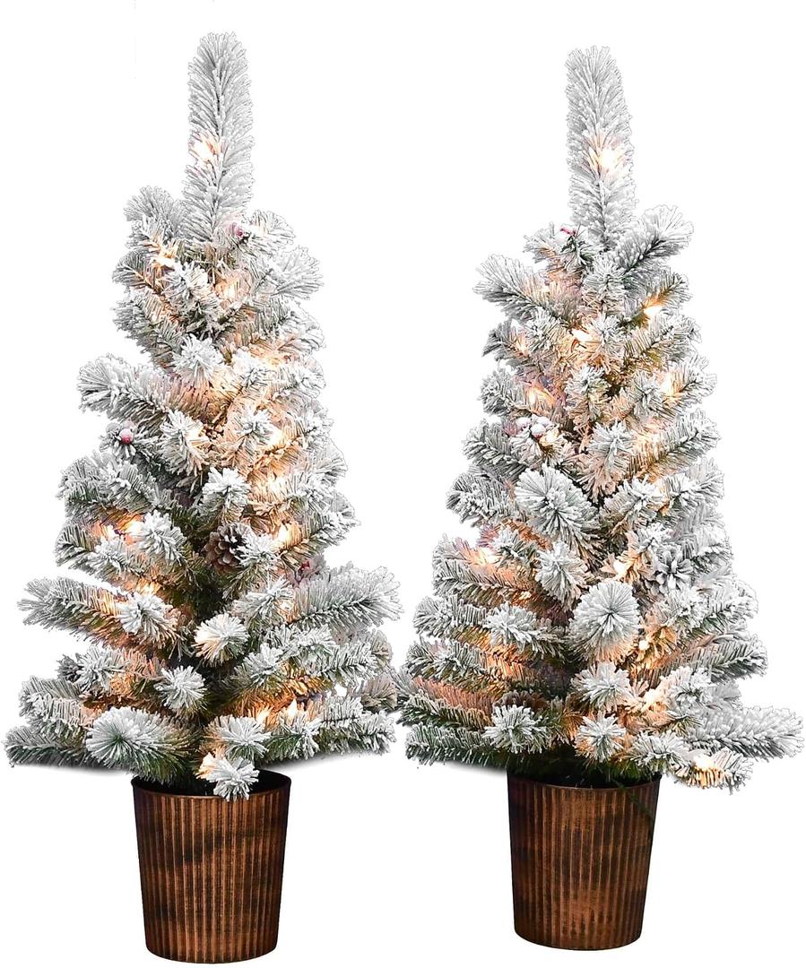ARAKIEL S/2-3.5FT PRE-LIT Flocked Pot Tree