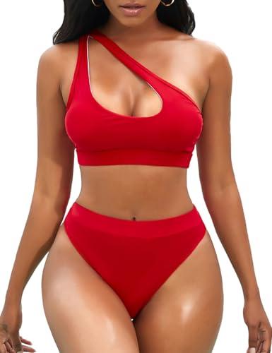 NAFLEAP One Shoulder Cutout Red Bikini Set for Women High Waisted Bottom Swimsuit Two Piece Bathing Suit, S