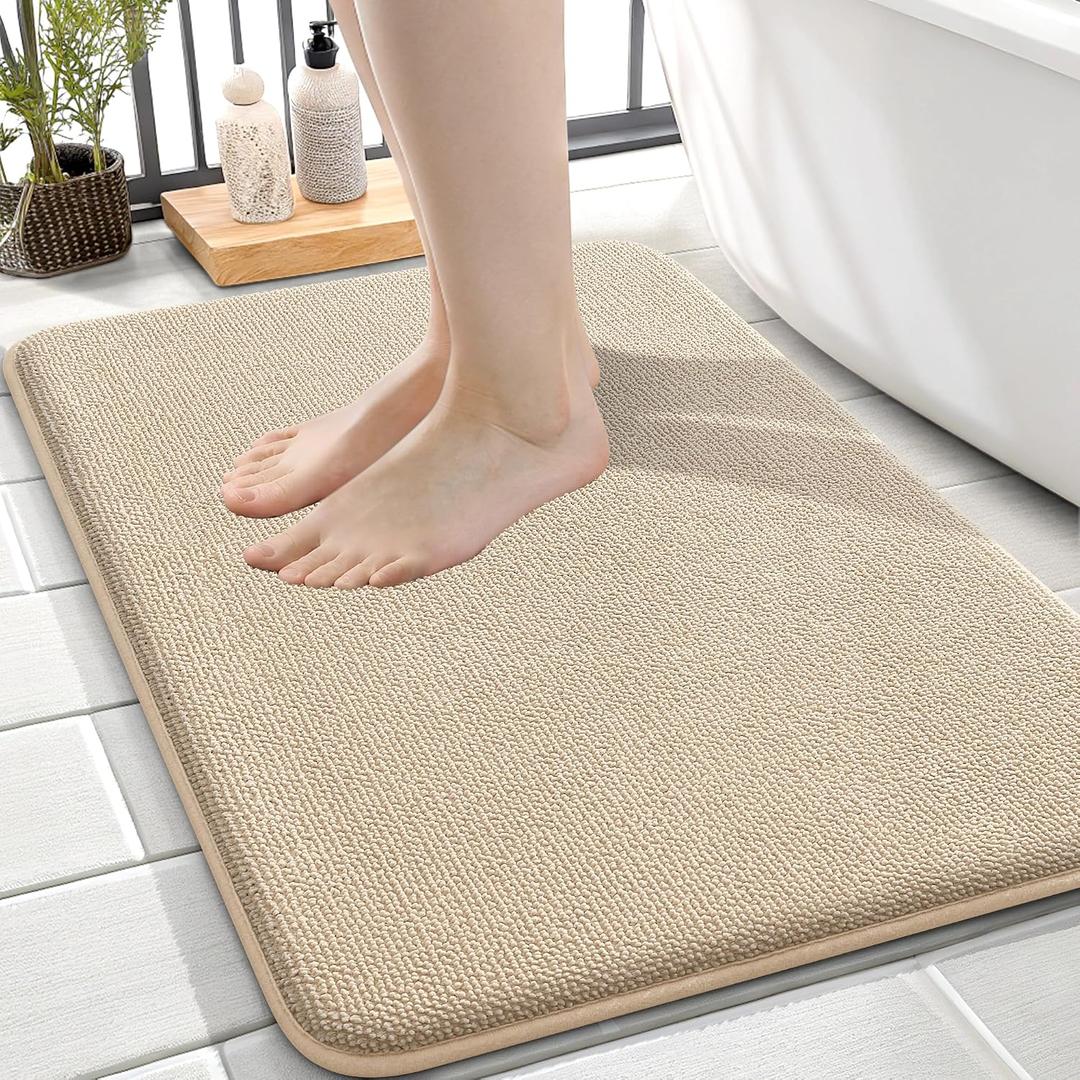 OLANLY Thick Memory Foam Small Bathroom Rugs 24x16, Extra Soft Absorbent Bathroom Mat, Quick Dry Bath Mat, Non-Slip, Machine Washable Carpet for Bathroom, Tub and Shower, Home Decor Accessories, Beige