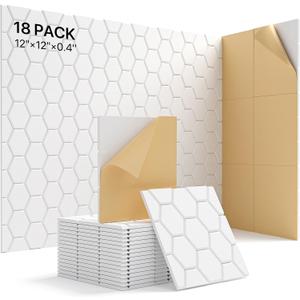 Soundproof Wall Panels, Kuchoow Acoustic Panels Sound Absorbing, 18 Pack High Density Sound Proof Panels for Walls Self Adhesive, Honeycomb Design Sound Dampening Panels White 12"12"0.4"