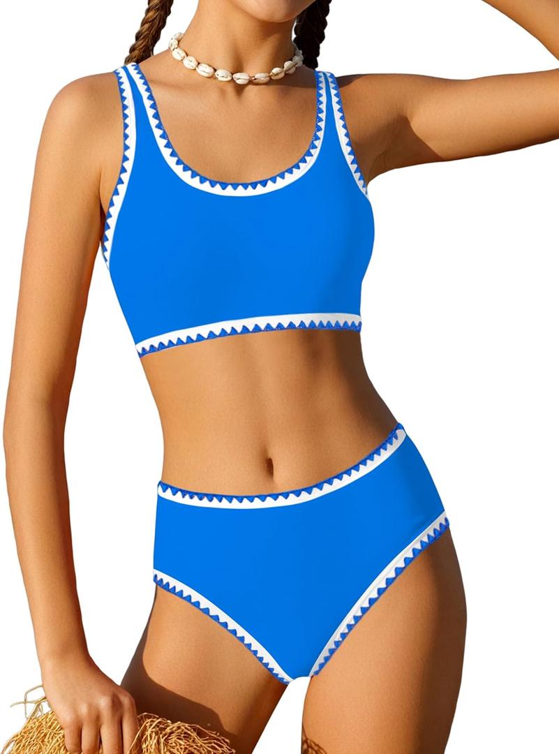 WIQI Bathing Suit for Girls Size 10-12 Girls' Swimwear Cute Sport Color Contrast Trim Bikini Set Girls Swimsuit Teen Two Piece Swimsuits Blue
