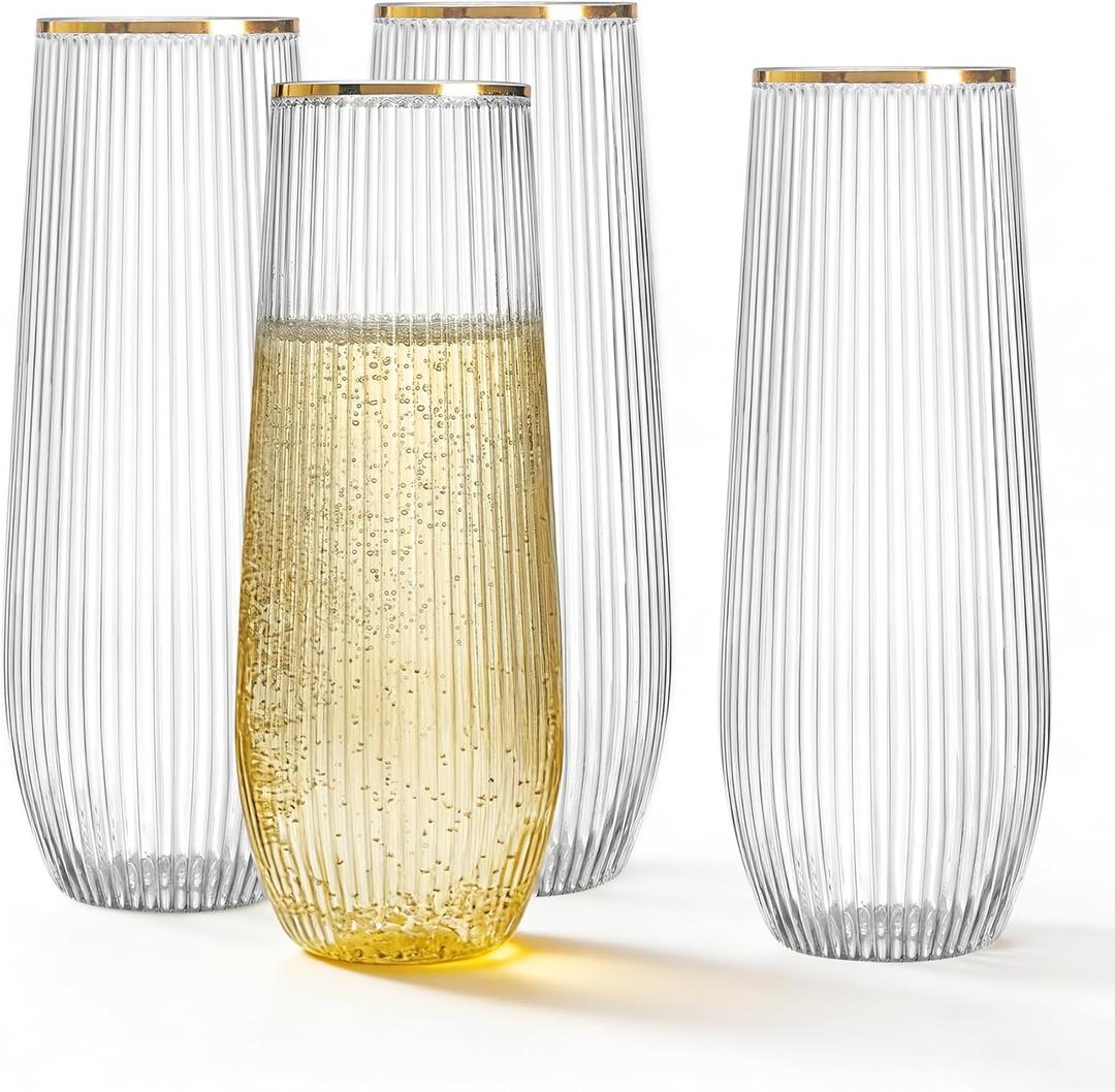 HOMIP 36pcs Plastic Champagne Flutes with Gold Rim - 9oz BPA-free Disposable Champagne Glasses, Ribbed Ripple Design for Weddings, Parties, Bars & Events (Stemless, Durable)