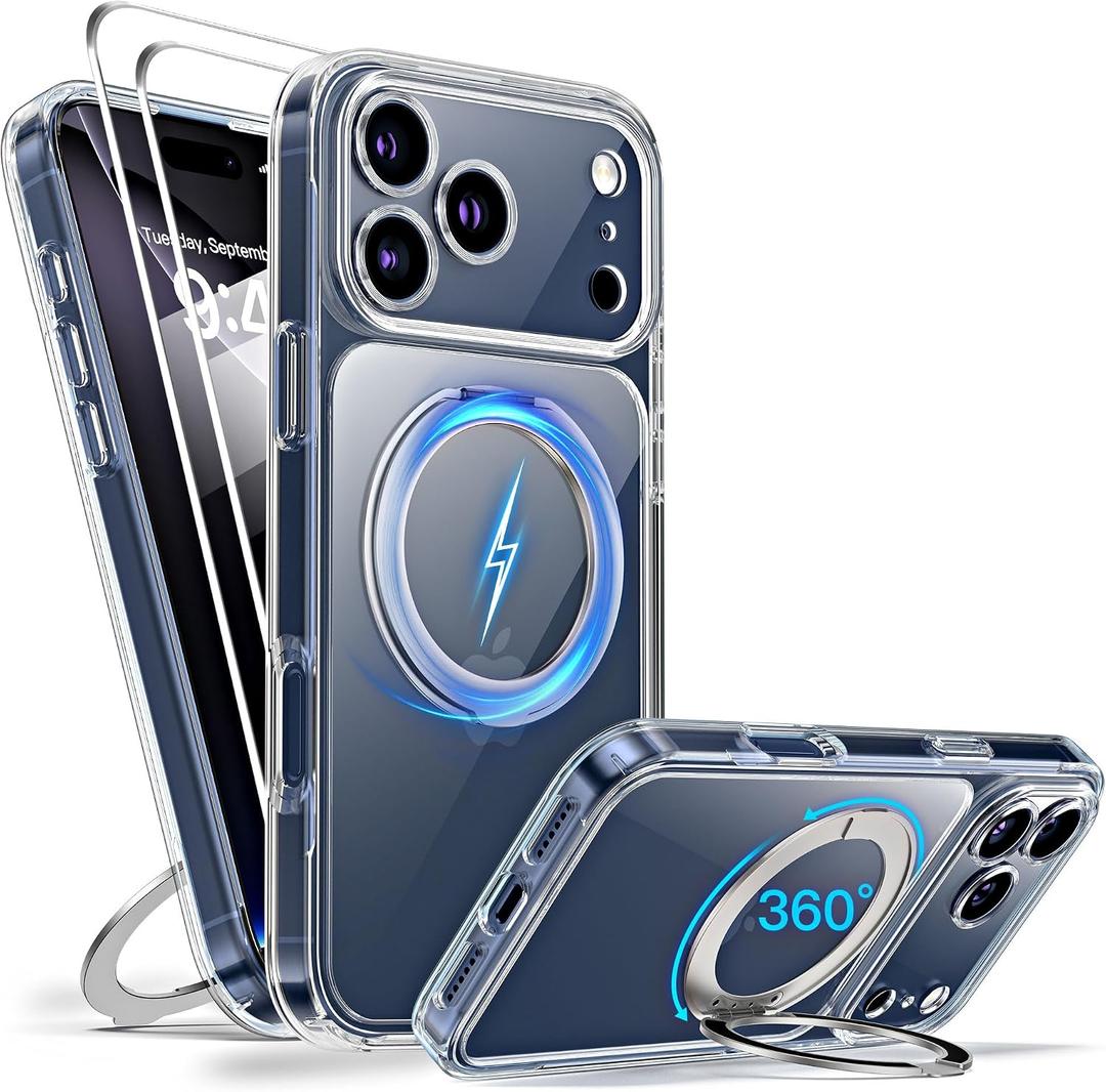 Magnetic for iPhone 17 Pro Case Non-Yellowing [2 x Screen Protector] Compatible with MagSafe Military Grade 17 FT Drop Shockproof Full Camera Protection 360° Spin Stand Phone Cover Clear