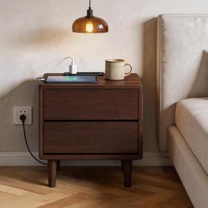 Solid Wood Nightstand with Charging Station,USB-C Port, 15.7 inch Wide End Table with 2 Drawers, Modern Wood Bedside Table for Bedroom(Walnut)
