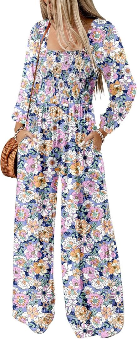 Dokotoo Women's Casual Loose Overalls Jumpsuits One Piece Long Sleeve Printed Wide Leg Long Pant Rompers With Pockets (X-Large, Purple)